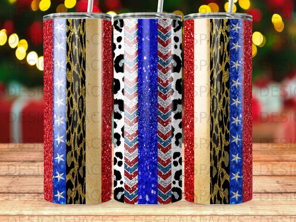 Three tumblers with patriotic leopard print and gold glitter designs.