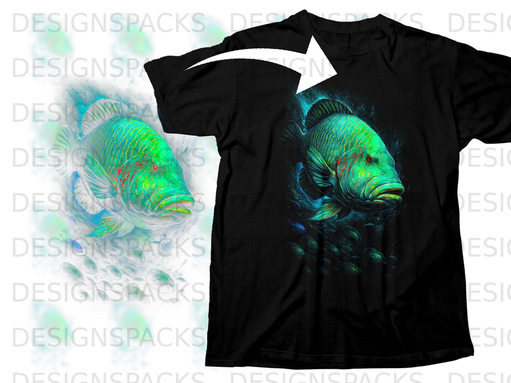 Black t-shirt with a detailed print of a vibrant green fish underwater.