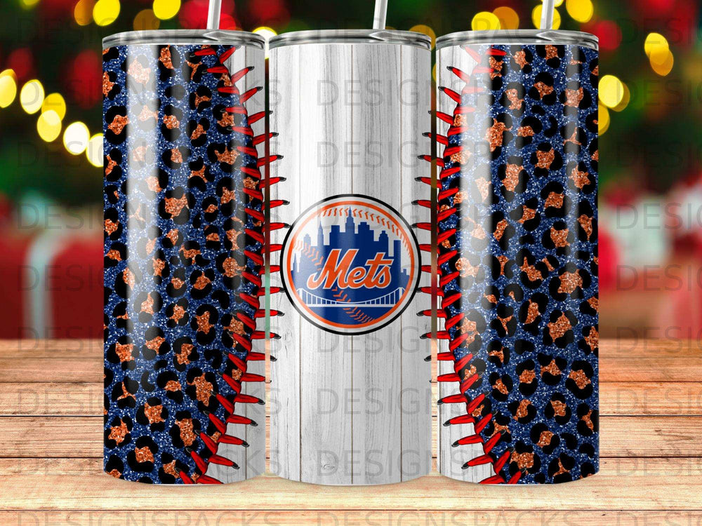 New York Mets tumbler with baseball stitching and leopard print design.