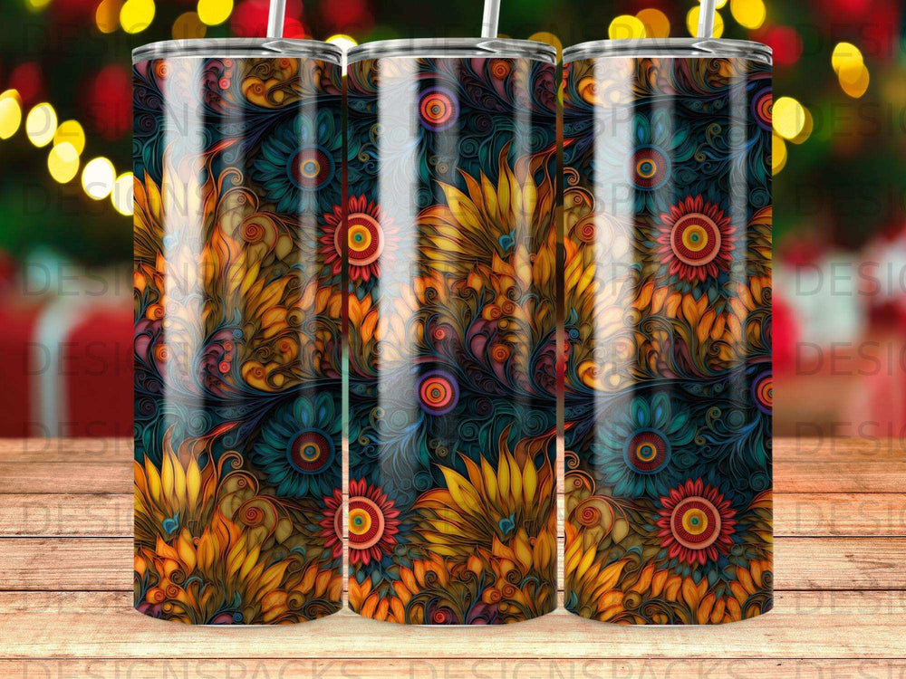 Vibrant floral and sunburst pattern on three tumblers.