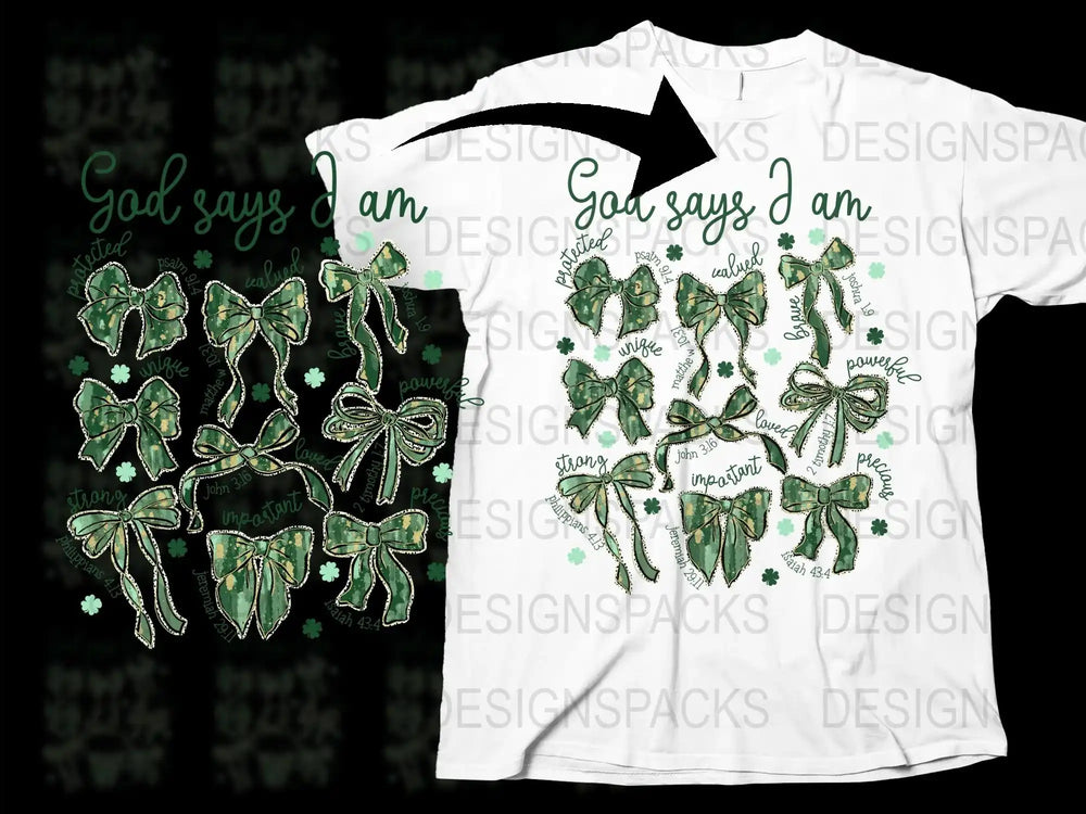 God Says I Am Inspirational Quote T-Shirt, Christian Faith Graphic Tee, Green Leaf Design, Spiritual Clothing for Men and Women