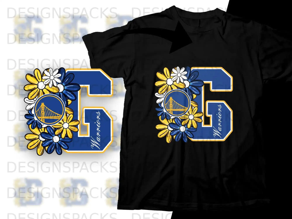 Golden State Warriors logo with flowers on a black t-shirt.