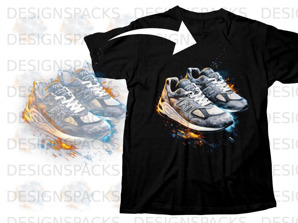 Black t-shirt with a graphic of two grey New Balance 990 sneakers and colorful splashes.