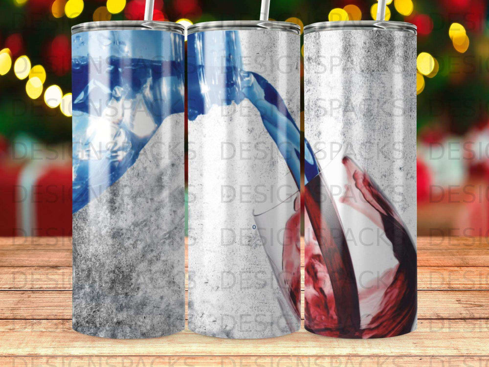 Three tumblers with abstract blue and red wine splash designs.