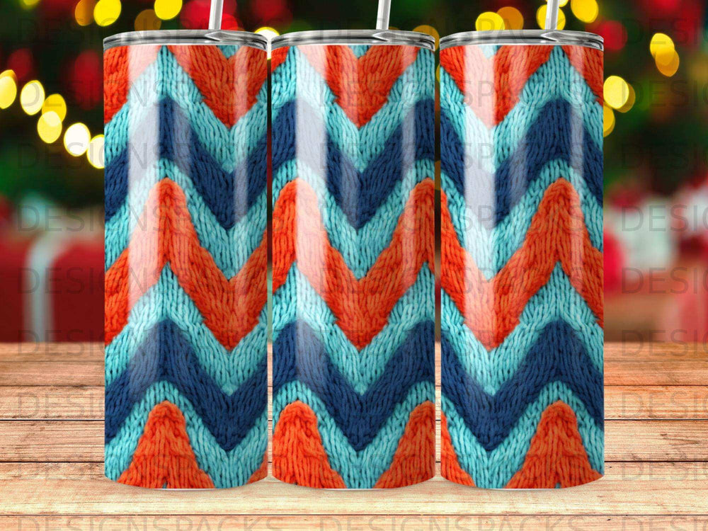 Chevron pattern tumbler with blue, orange, and white stripes.