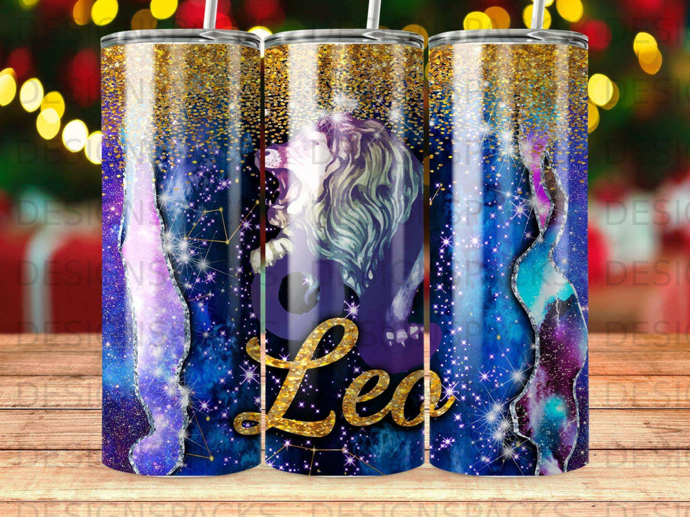 Glittery Leo zodiac constellation tumbler with a lion's head and gold accents.