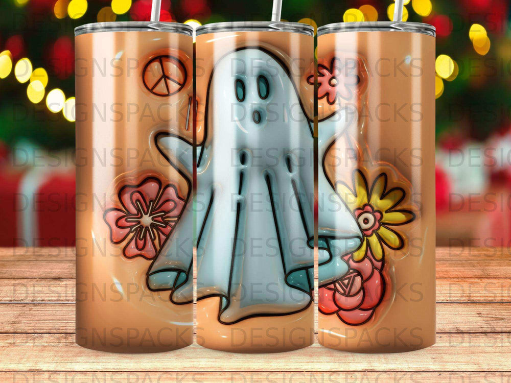 Sublimation tumbler wrap design with ghost and flowers, and blurred lights background.