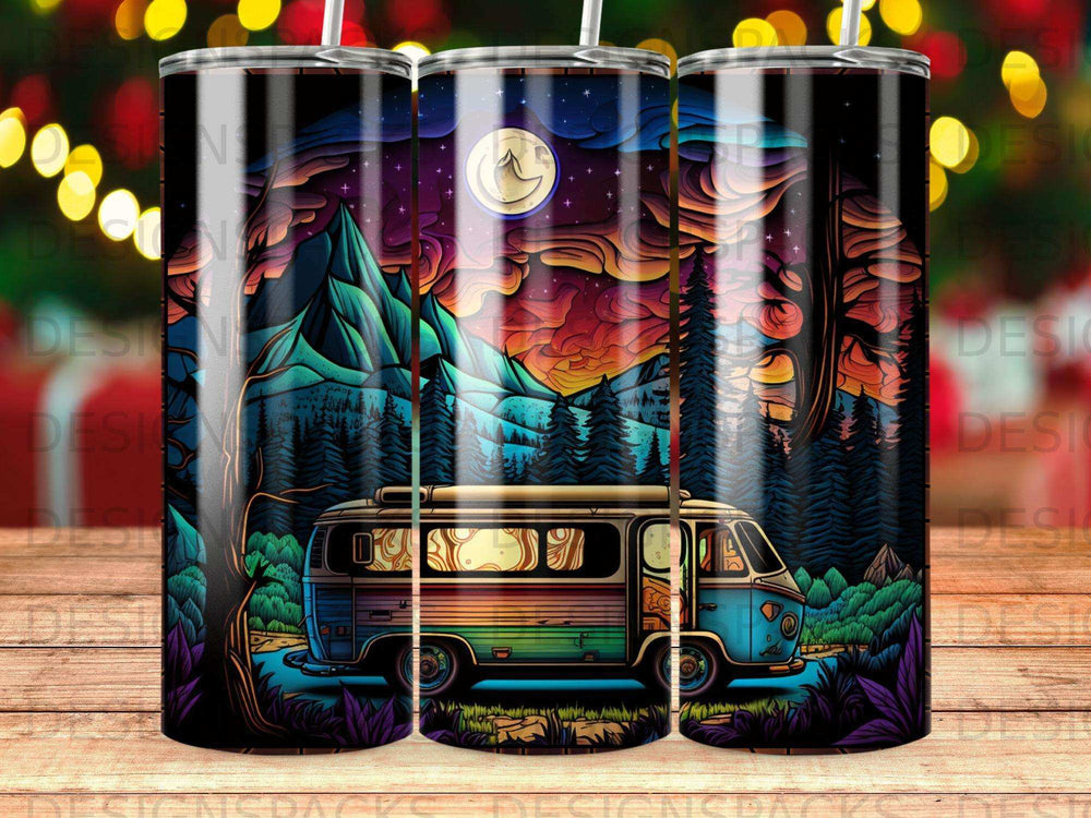 Van life in a colorful mountain landscape with moon and trees.