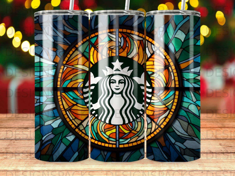 Starbucks logo within a stained-glass window pattern.