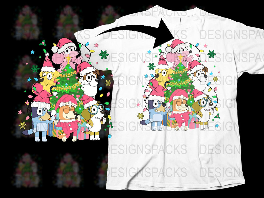 Festive Holiday T-Shirt, Cartoon Family Christmas Tree Design, Colorful Winter Apparel for All Ages