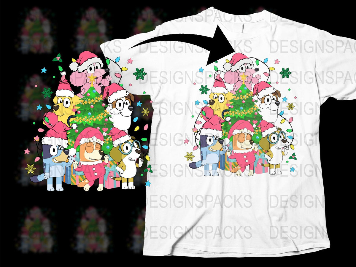 Festive Holiday T-Shirt, Cartoon Family Christmas Tree Design, Colorful Winter Apparel for All Ages