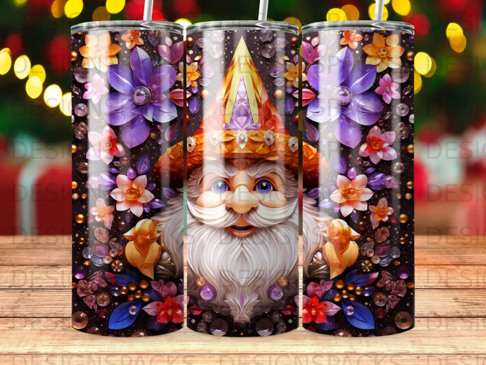 Gnome with crown and flowers, on a tumbler.