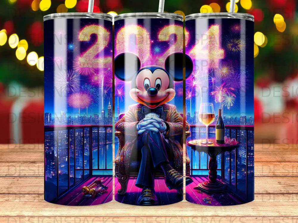 Mickey Mouse in a suit sits with fireworks behind him.