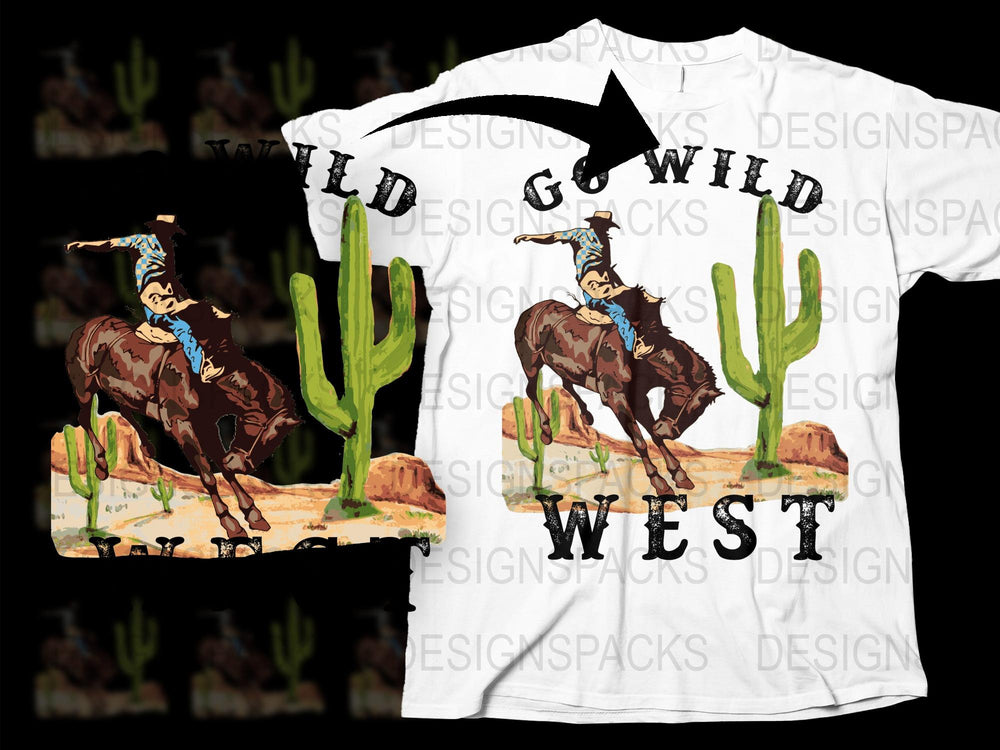Wild West Cowboy Cactus Graphic T-Shirt, Vintage Style Desert Theme Tee, Unique Western Apparel for Men and Women