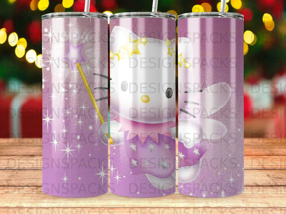 Purple tumbler with Hello Kitty holding a wand, scattered stars and glitter.