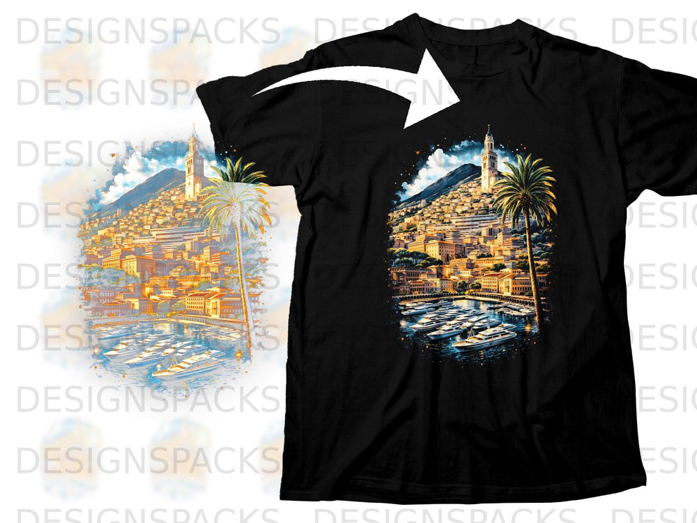 Black t-shirt with watercolor print of a coastal town with yachts and palm trees.