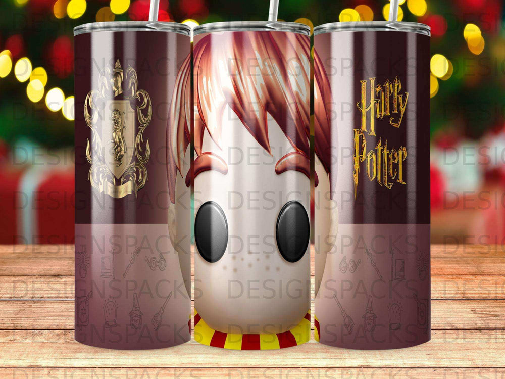 Harry Potter design on three tumblers with house crests and Hogwarts Express theme.