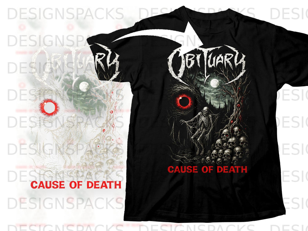 Black t-shirt with Obituary logo, skeleton, skulls, and "Cause of Death" text.