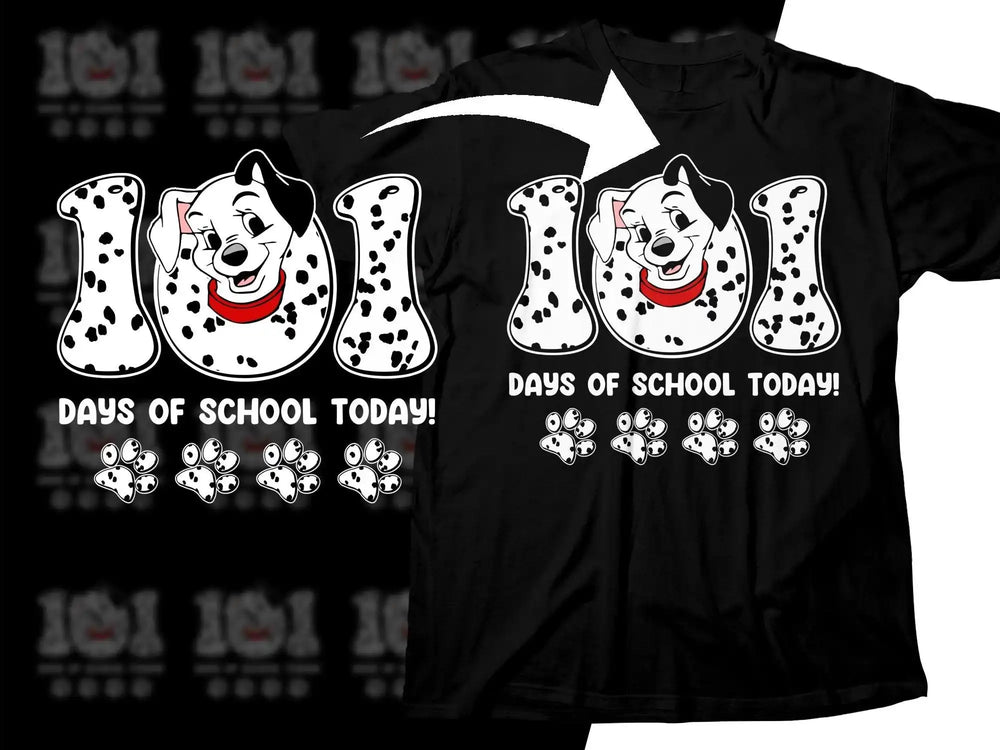 101 Dalmatians 101 Days of School T-Shirt Design with Paw Prints, Print-Ready for DTF DTG