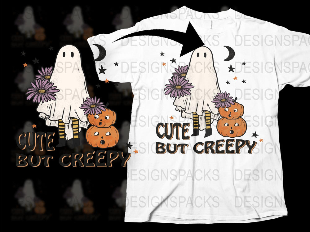 Cute But Creepy Ghost and Pumpkin T-Shirt, Halloween Graphic Tee, Spooky Floral Design Shirt