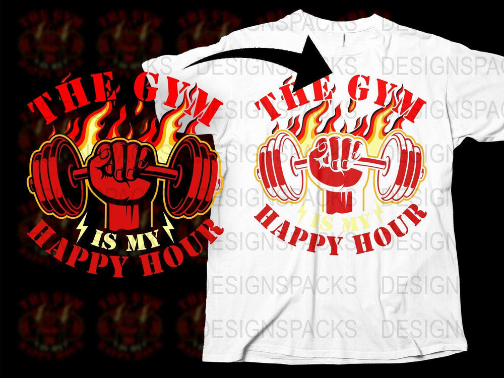 Gym Workout T-Shirt, Fire Design, Bodybuilding Tee, Fitness Apparel, Happy Hour Weightlifting Shirt, Men's Graphic Tee