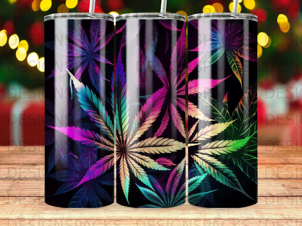 Cannabis leaves in vibrant, gradient colors on a black background.