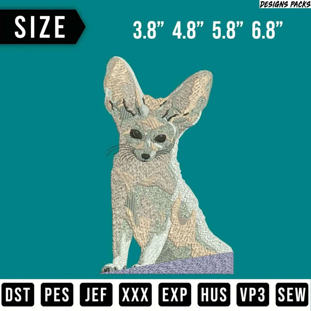 Fennec fox embroidery design, shown with size and file format options.