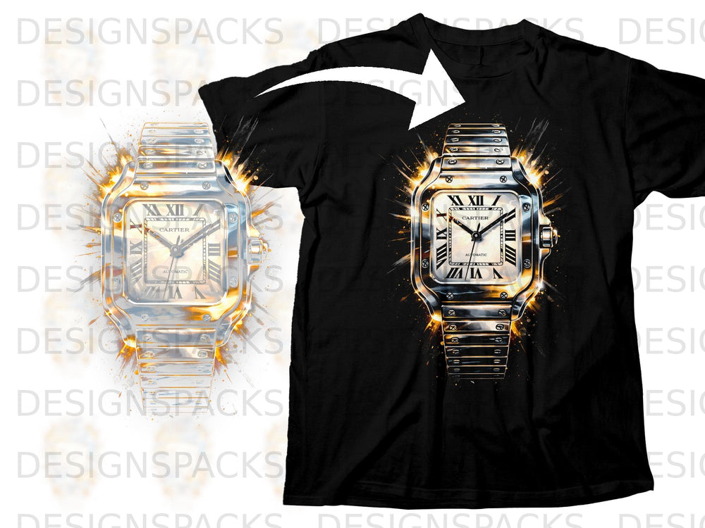 Black t-shirt with a graphic of a silver Cartier watch with Roman numerals.