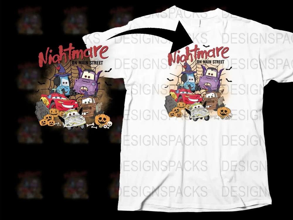 Nightmare on Main Street Halloween T-Shirt, Spooky Car Graphic Tee, Unisex Adult Horror Apparel