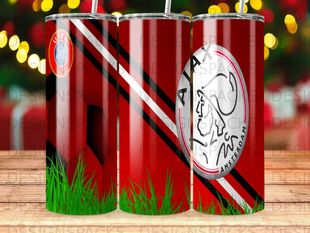 Red and white striped tumbler with an AFC Ajax crest and grass graphic.
