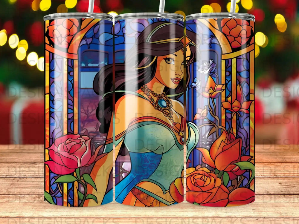 Stained glass tumbler featuring Princess Jasmine, roses, and a butterfly.