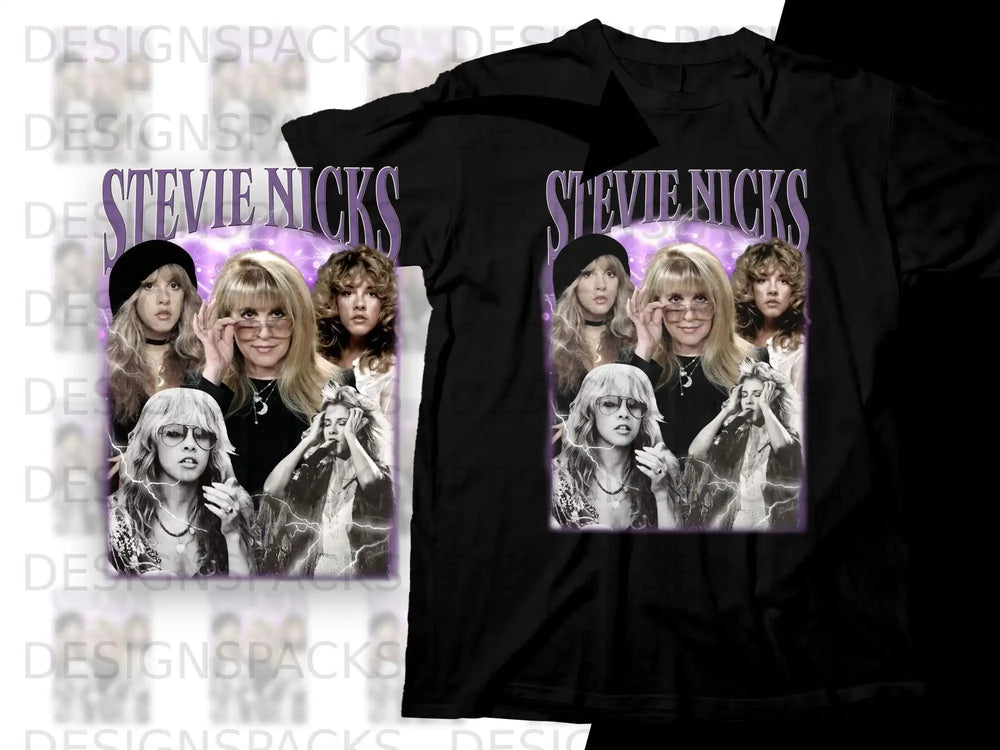 Stevie Nicks collage graphic on black t-shirt.