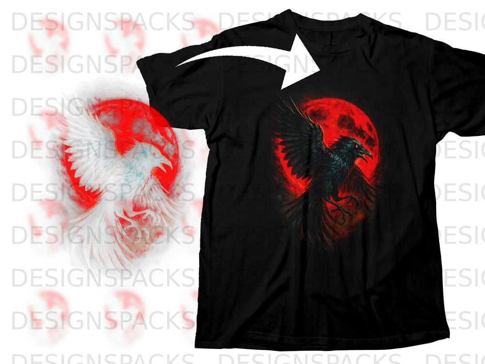 Black t-shirt with a dark raven in front of a red moon graphic.