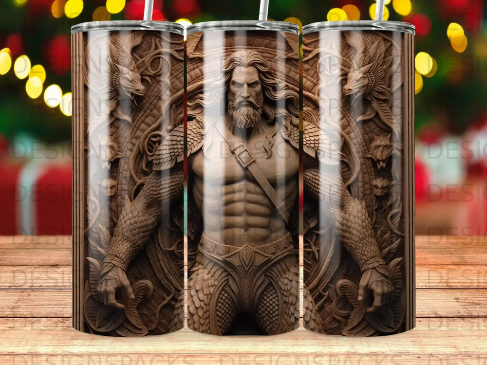 Wood-carved warrior with dragon motifs on a patterned tumbler.