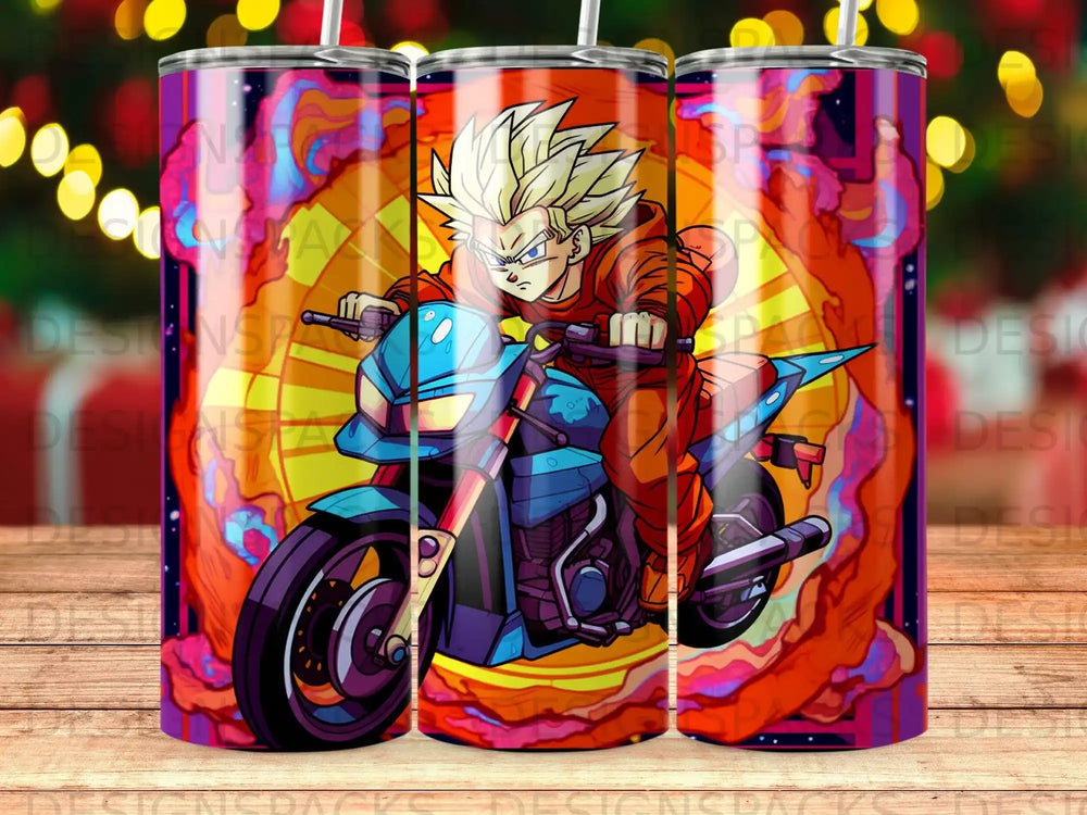 Dragon Ball Z character on a blue motorcycle, surrounded by orange and yellow flames.