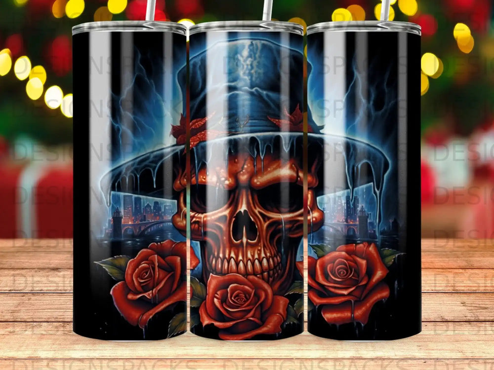Skulls and roses design on a black tumbler with city background.