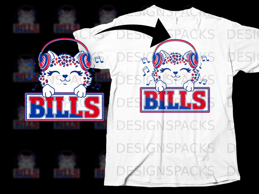 Cartoon cheetah wearing headphones holds "BILLS" sign, with musical notes.