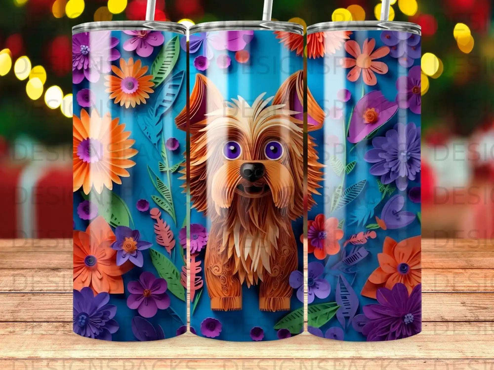 Yorkshire terrier dog with colorful paper flowers and leaves design.