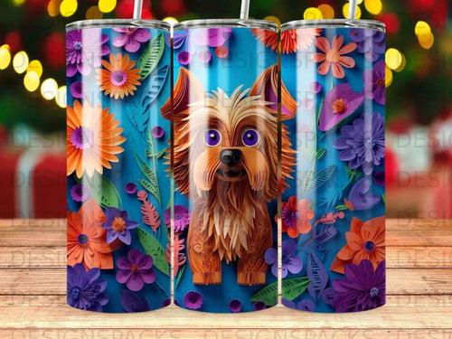 Yorkshire terrier dog with colorful paper flowers and leaves design.
