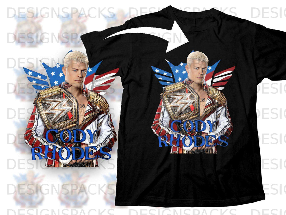 Black t-shirt featuring Cody Rhodes with championship belts and American flag wings.