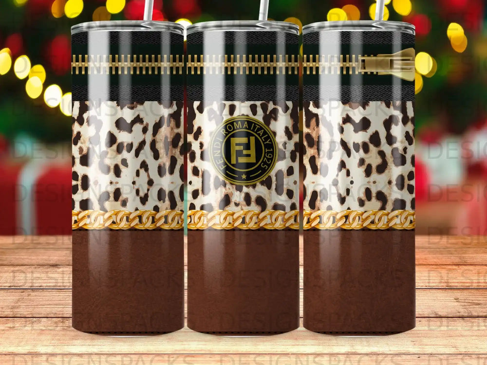 Fendi tumbler with leopard print, gold chain, and zipper design.