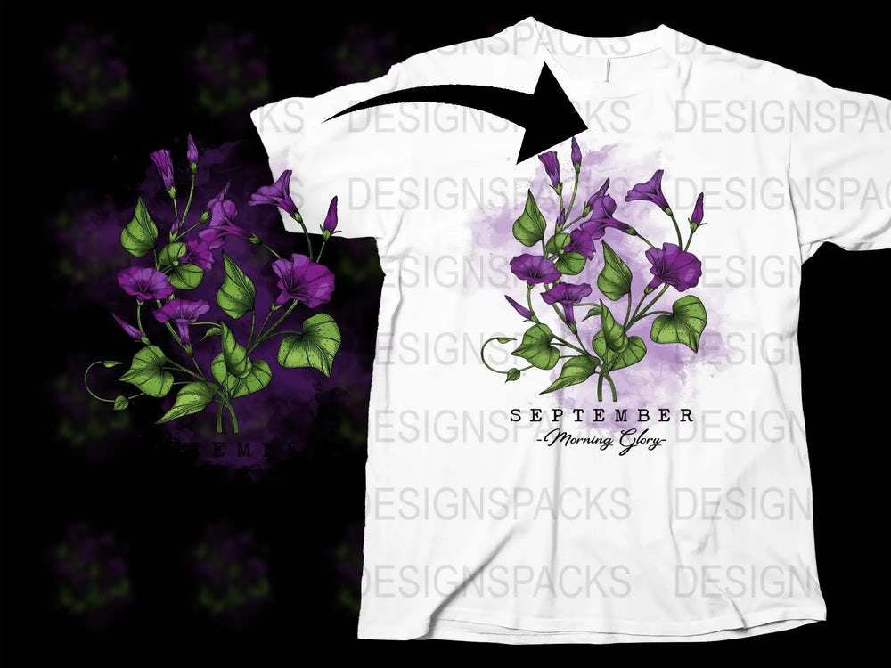 September Morning Glory Floral T-Shirt, Purple and Green Flower Design, Stylish Graphic Tee for All Seasons