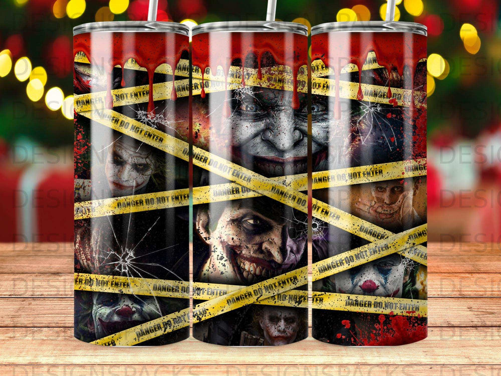 Collage of sinister clowns with yellow "DANGER DO NOT ENTER" tape.