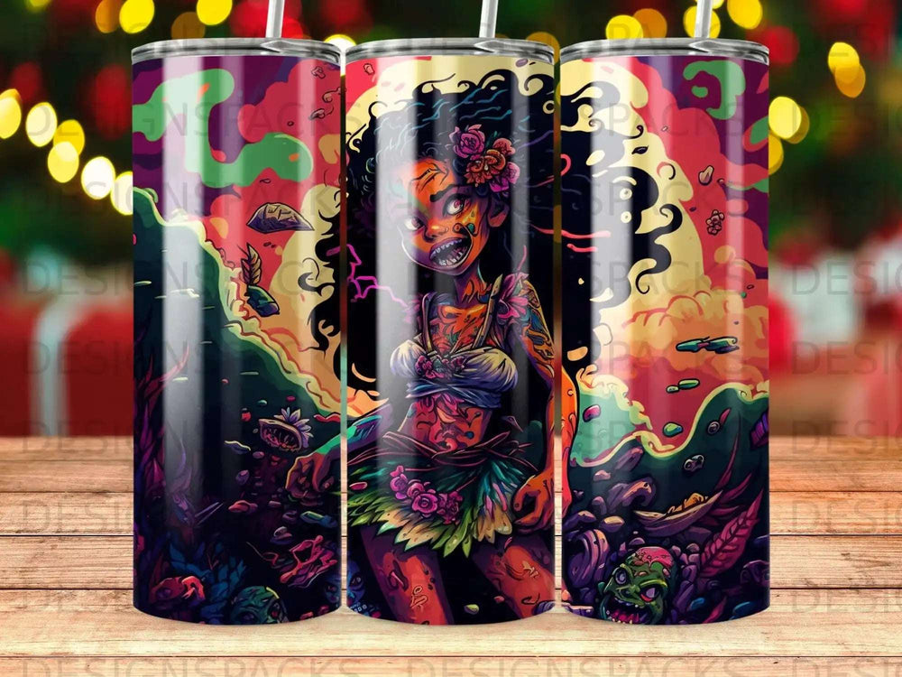 Illustration of a fierce, tattooed woman with flowers in her hair on a colorful, abstract background.