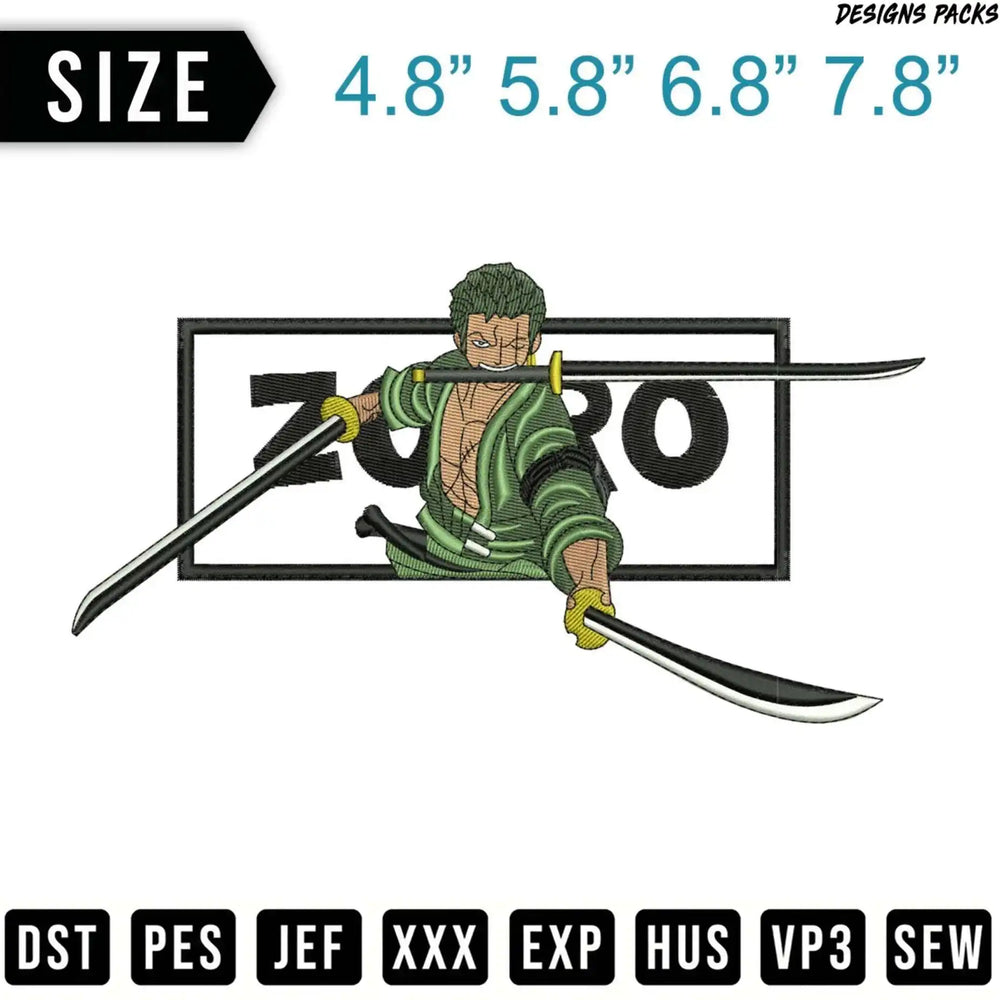Roronoa Zoro with swords, available in multiple sizes.