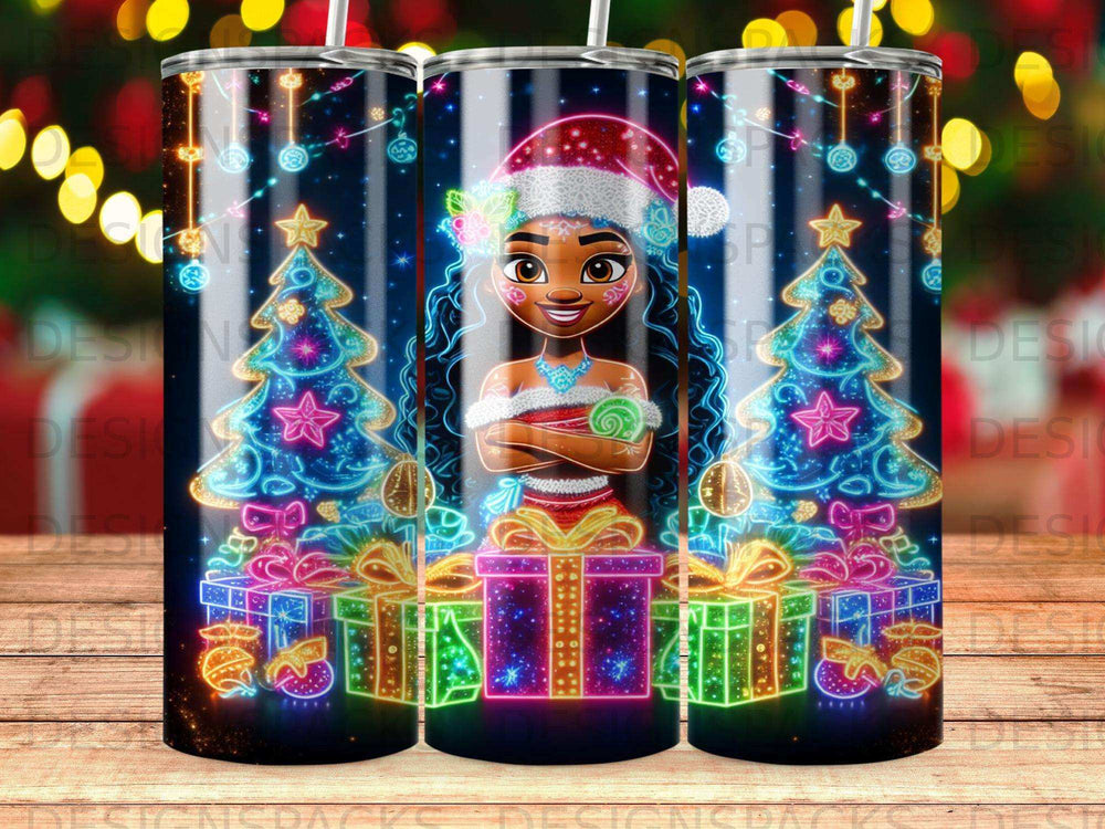 Moana in Santa hat with Christmas trees and glowing gift boxes.