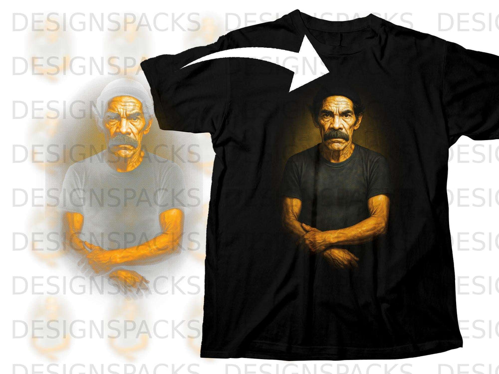Black t-shirt featuring a portrait of a man with a mustache.