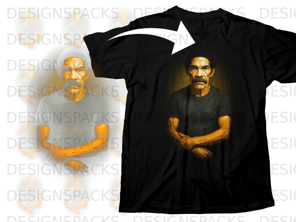 Black t-shirt featuring a portrait of a man with a mustache.