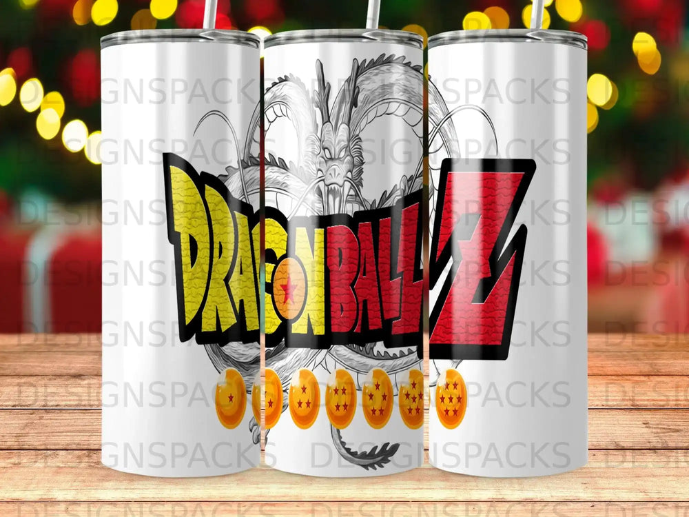 Dragon Ball Z logo with circular character icons and Chinese dragon art.