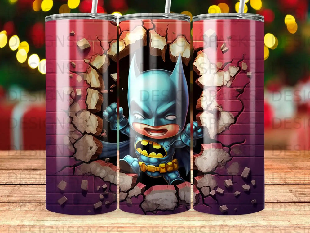Chibi Batman breaking through a brick wall.